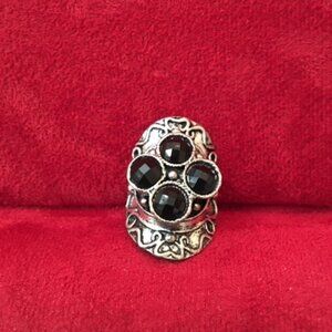 Oval Raised Four Round Black Gemstone Large Ring Adjustable # 1